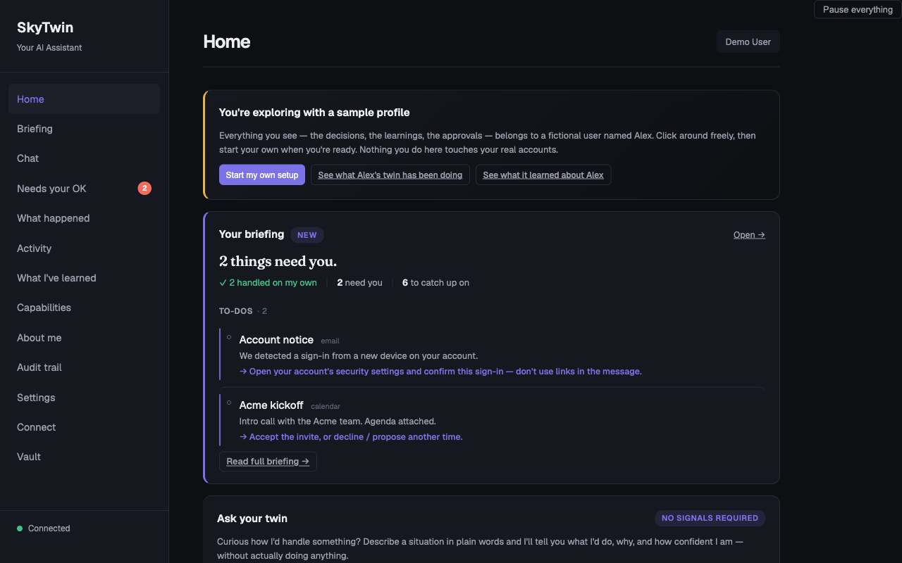 Dashboard — your daily briefing: what needs you, what the twin handled, and recent activity