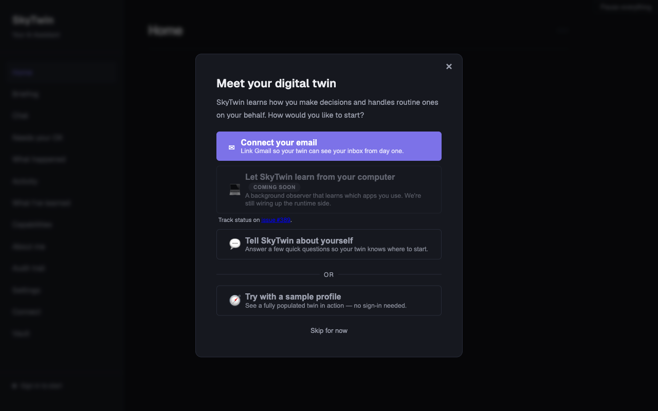 Onboarding — connect Gmail, tell your twin about yourself, or explore a sample profile