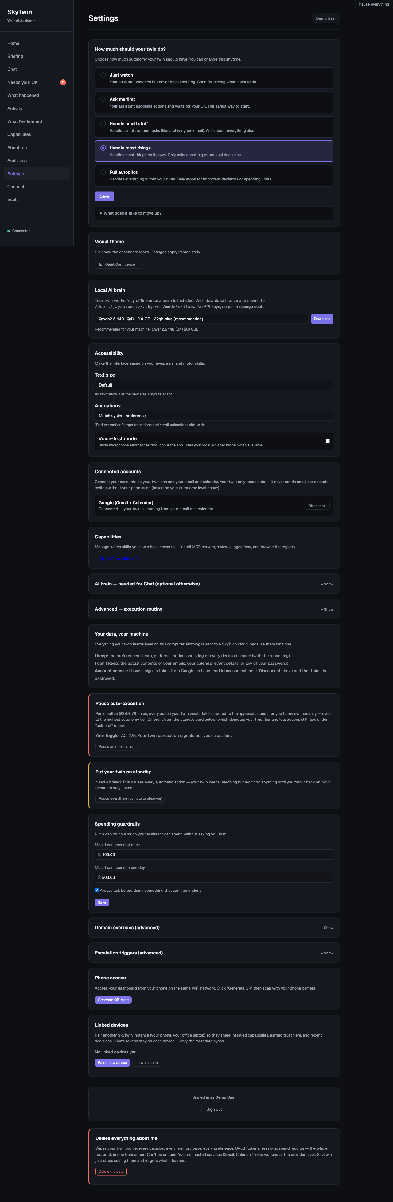 Settings — autonomy level, spend limits, connected accounts, privacy controls