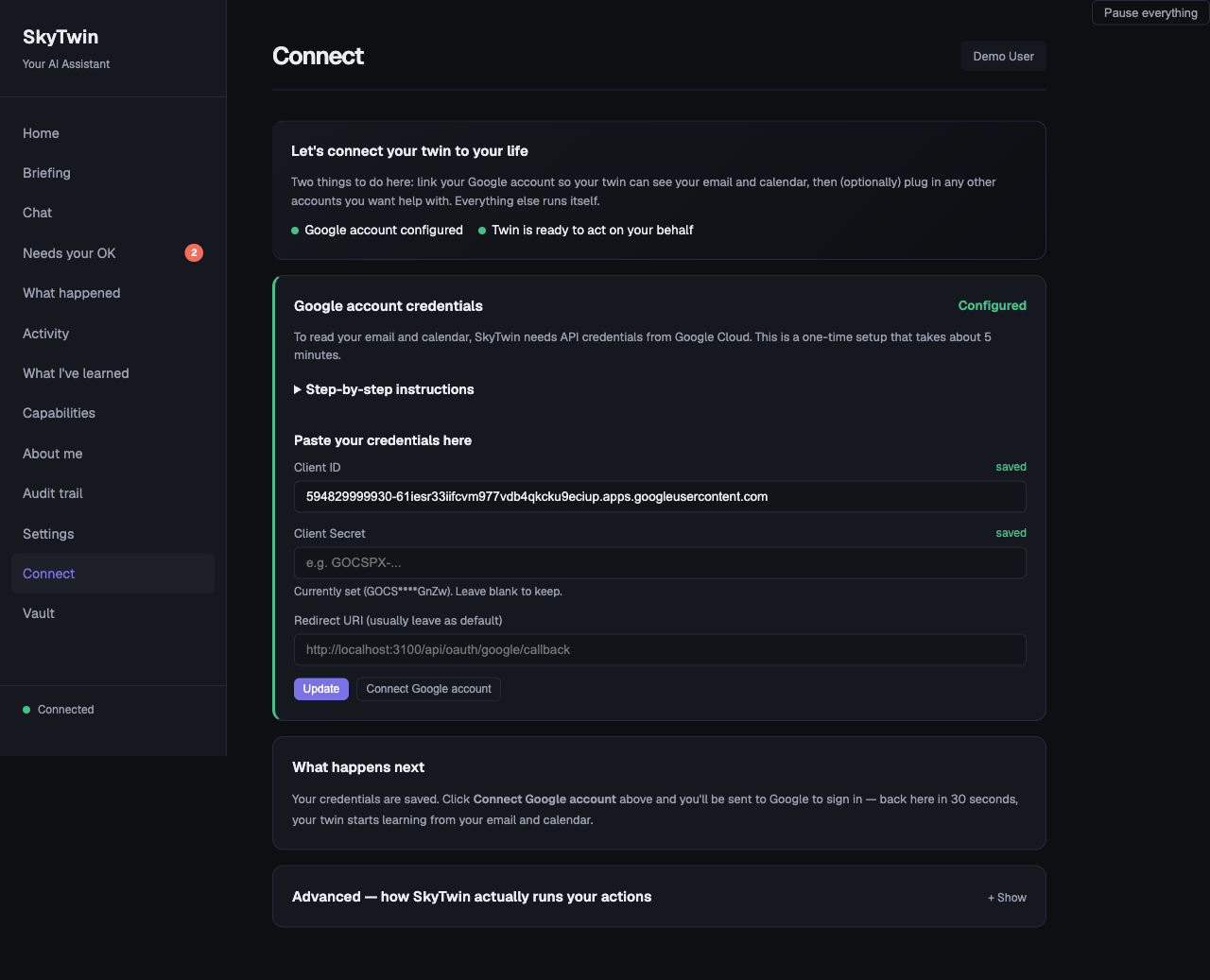 Setup — execution engines, Google OAuth walkthrough, credential management