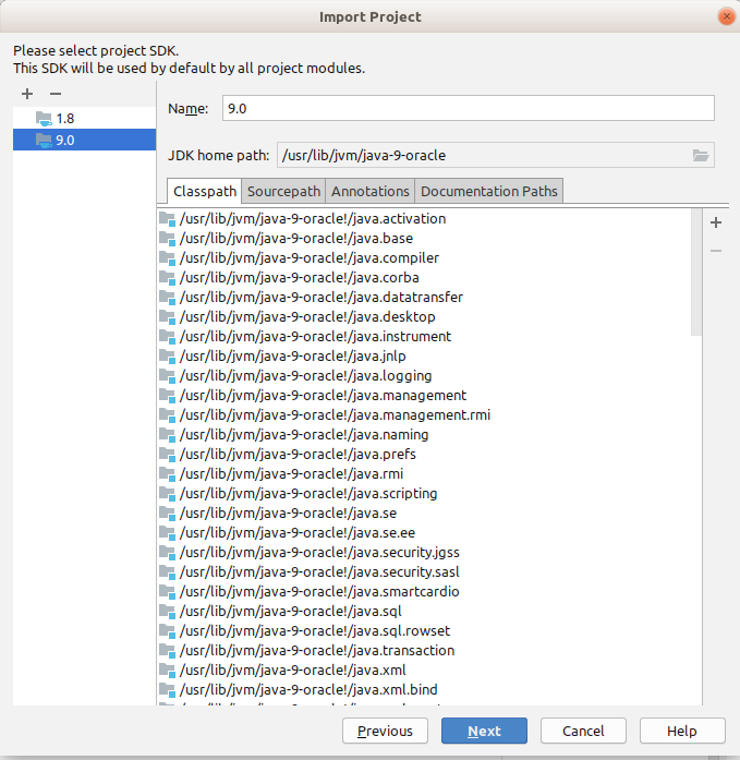 JDK selection screen