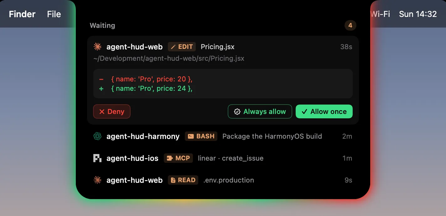 Four tool calls waiting on the island: an edit with its diff open, and a shell command, an MCP call and a file read behind it