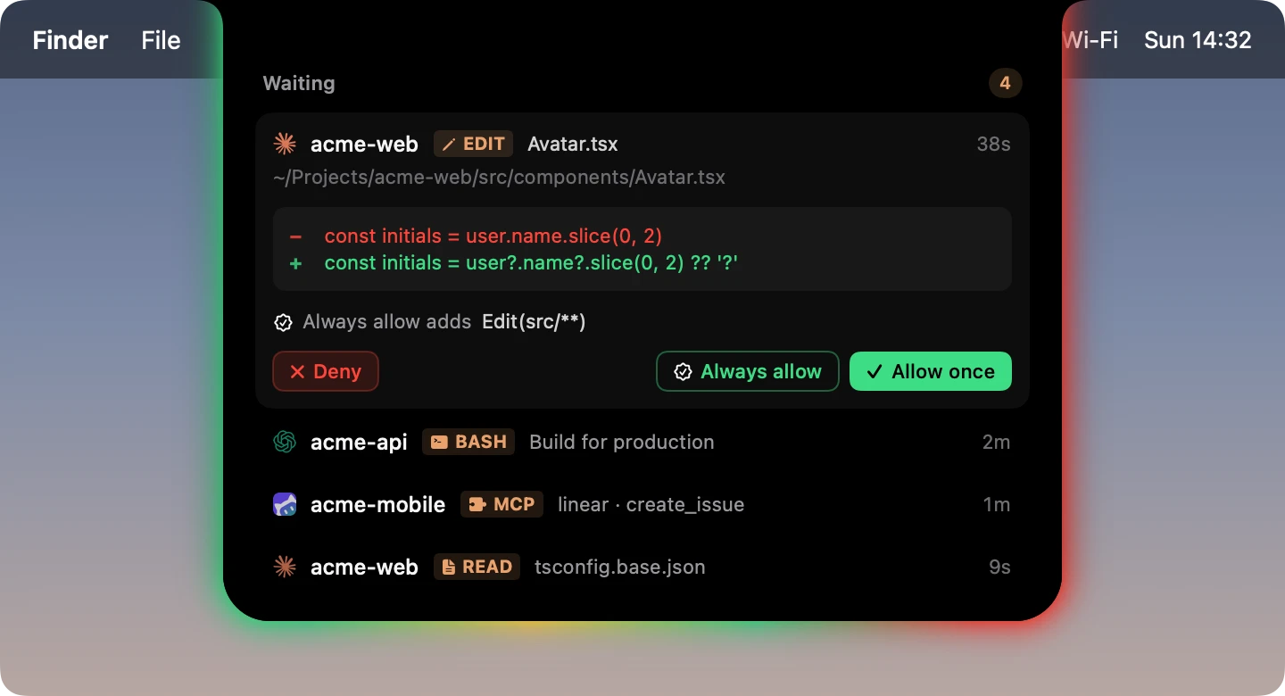 Four permission requests waiting at the notch. The first is open: an edit diff for Avatar.tsx, the line Always allow adds Edit(src/**), and the buttons Deny, Always allow and Allow once
