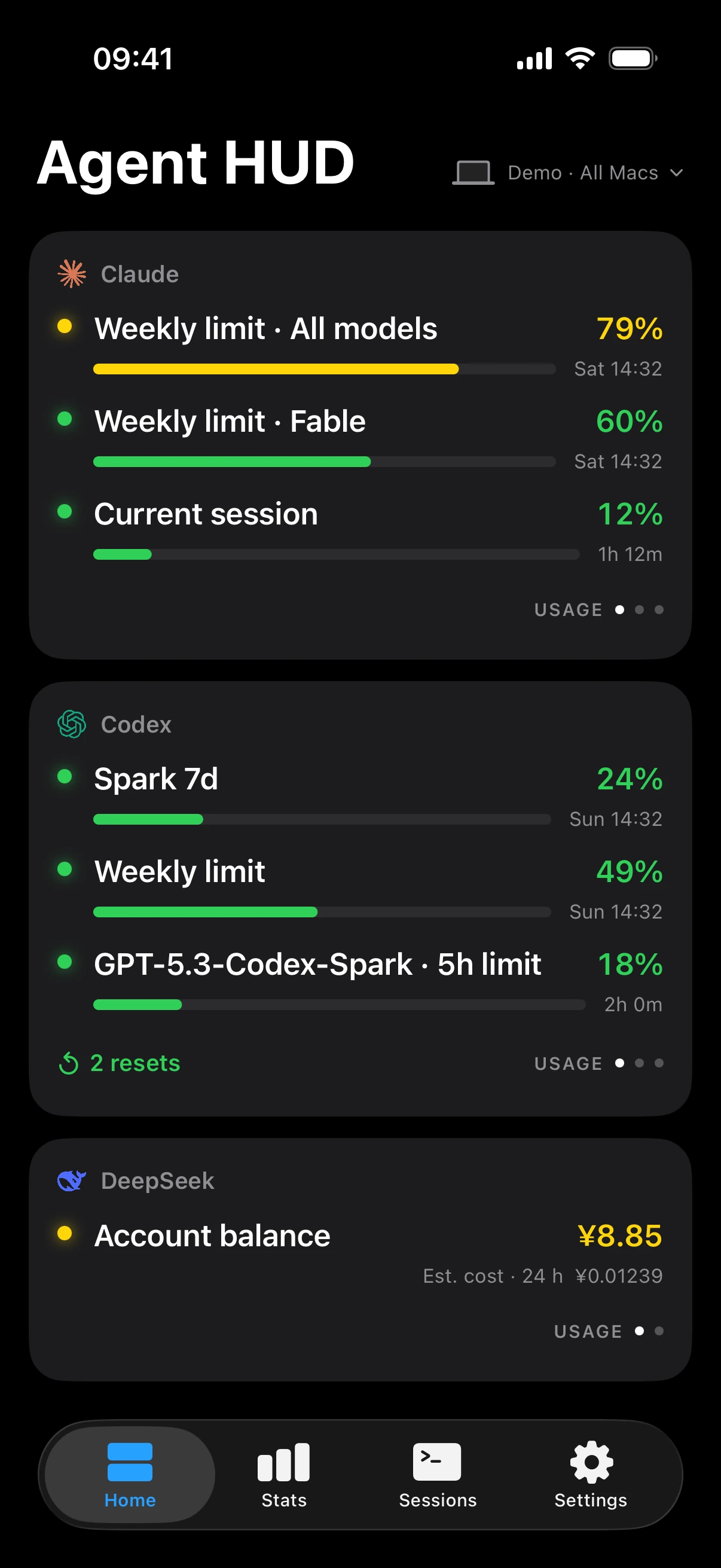 Agent HUD on iPhone, Home tab: quota cards for Claude and Codex with the share used and reset time of each window, and a DeepSeek account balance