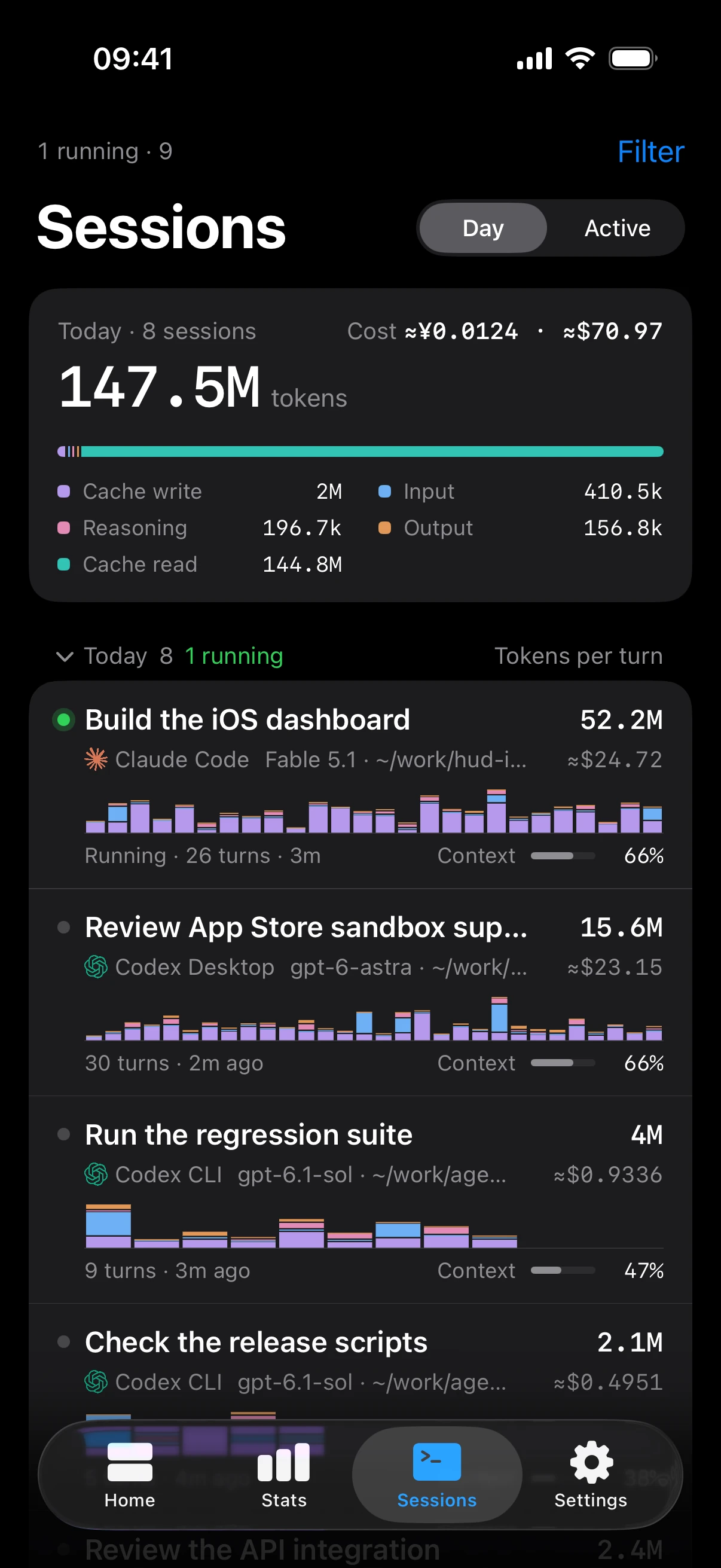 Agent HUD on iPhone, Sessions tab: today's tokens by kind with their cost, then sessions with per-turn bars and context-window fill
