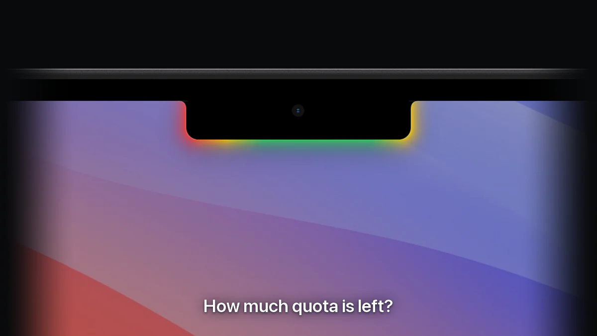 The glow around a MacBook's notch breathing in green, yellow and red quota segments, then the panel opening on the quota windows, the last 24 hours of tokens and the sessions