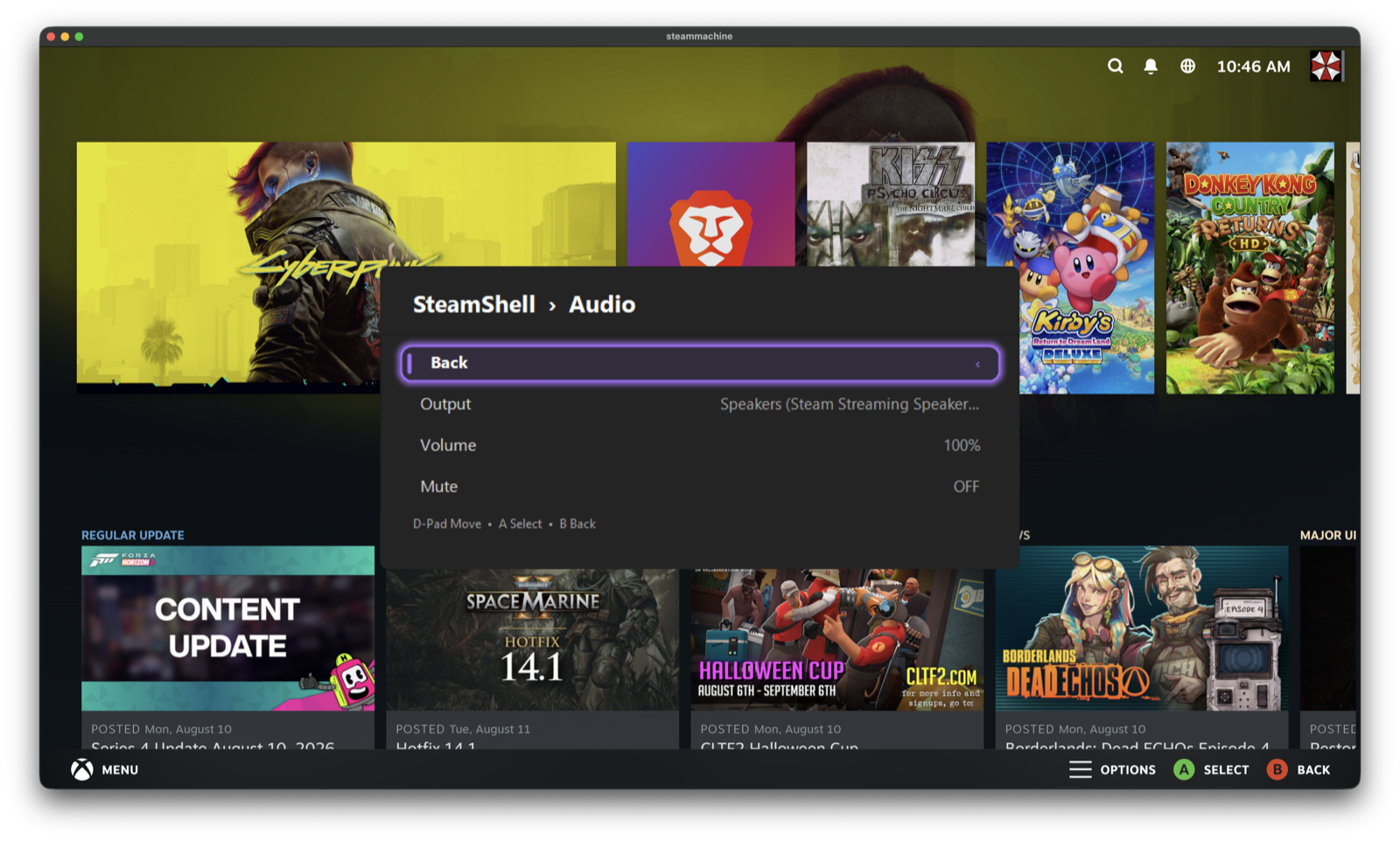 Quick Menu Audio page showing Output, Volume and Mute