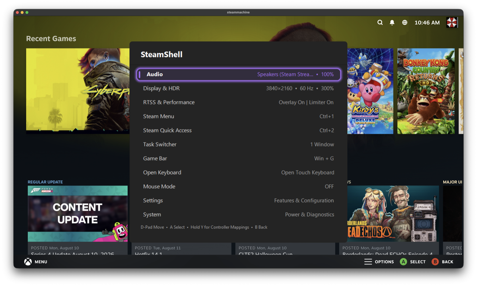 SteamShell Quick Menu open over Steam Big Picture, showing Audio, Display and HDR, RTSS and Performance, Steam Menu, Steam Quick Access, Task Switcher, Game Bar, Open Keyboard, Mouse Mode, Settings and System rows with their current values