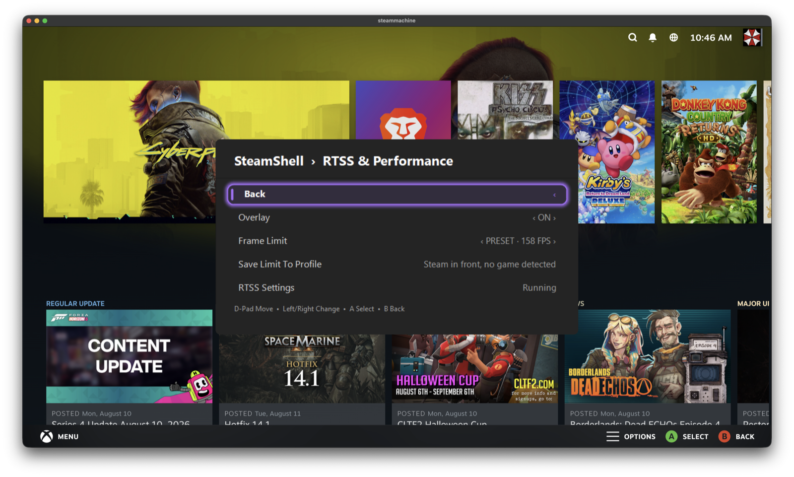 Quick Menu RTSS and Performance page showing Overlay on and a preset 158 FPS frame limit