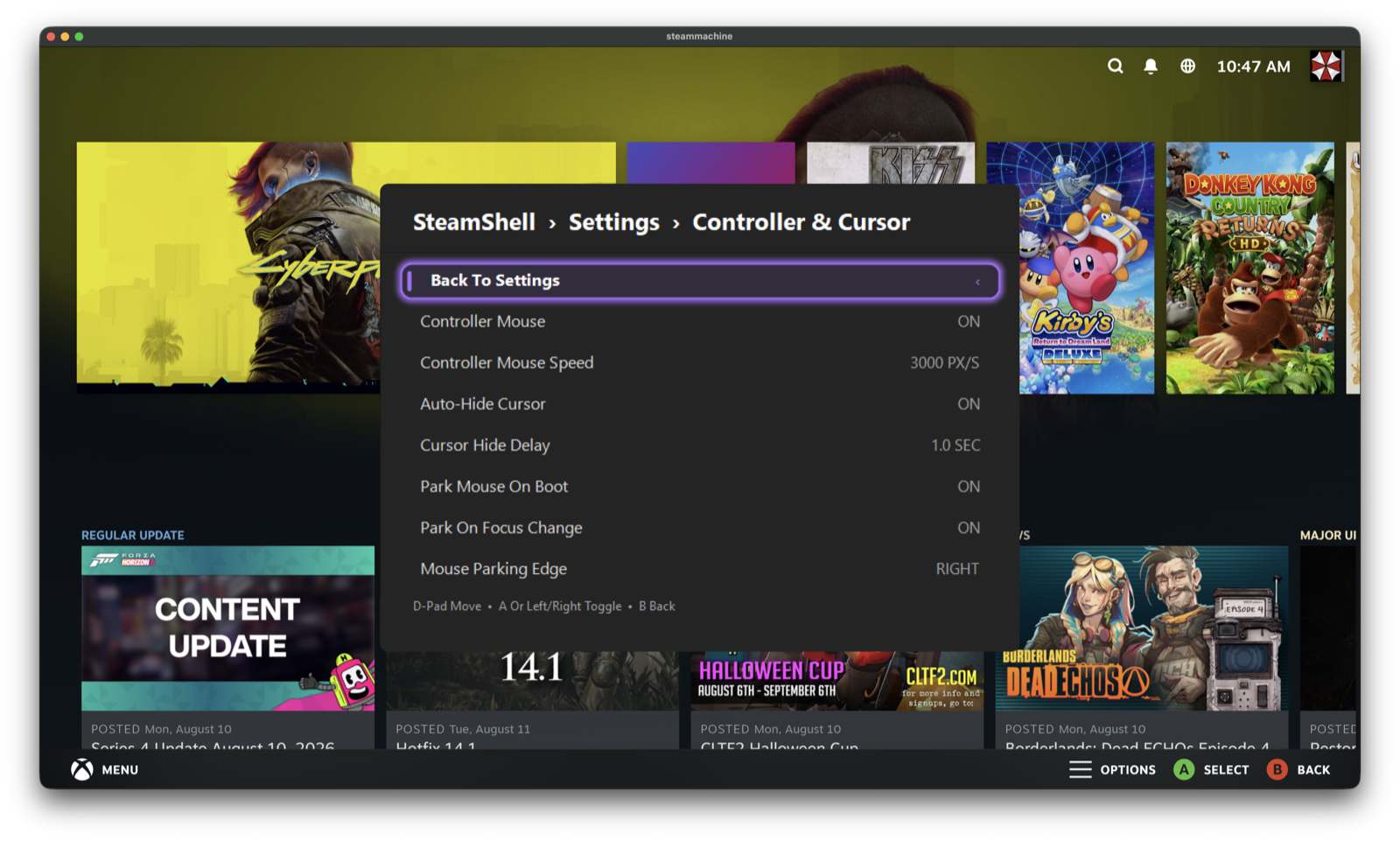 Quick Menu Controller and Cursor page showing Controller Mouse, Controller Mouse Speed, Auto-Hide Cursor, Cursor Hide Delay, Park Mouse On Boot, Park On Focus Change and Mouse Parking Edge