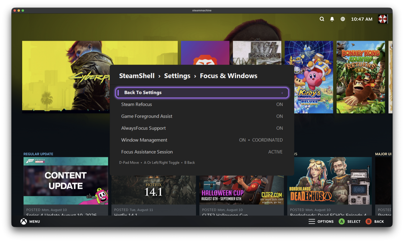 Quick Menu Focus and Windows page showing Steam Refocus, Game Foreground Assist, AlwaysFocus Support, Window Management and Focus Assistance Session