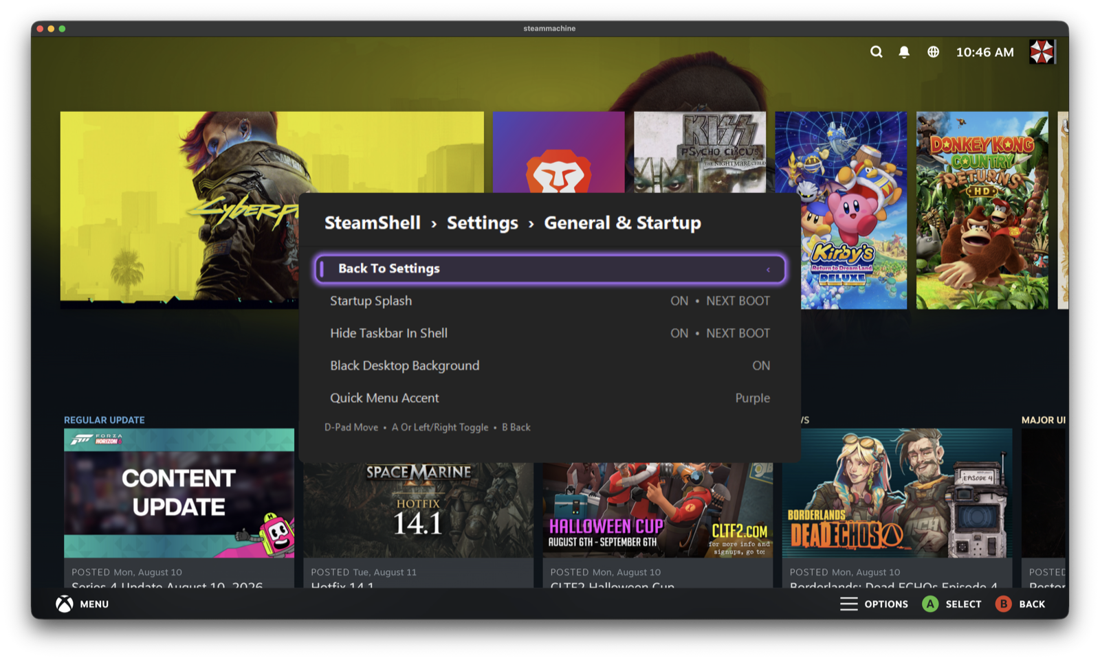 Quick Menu General and Startup page showing Startup Splash, Hide Taskbar In Shell, Black Desktop Background and Quick Menu Accent