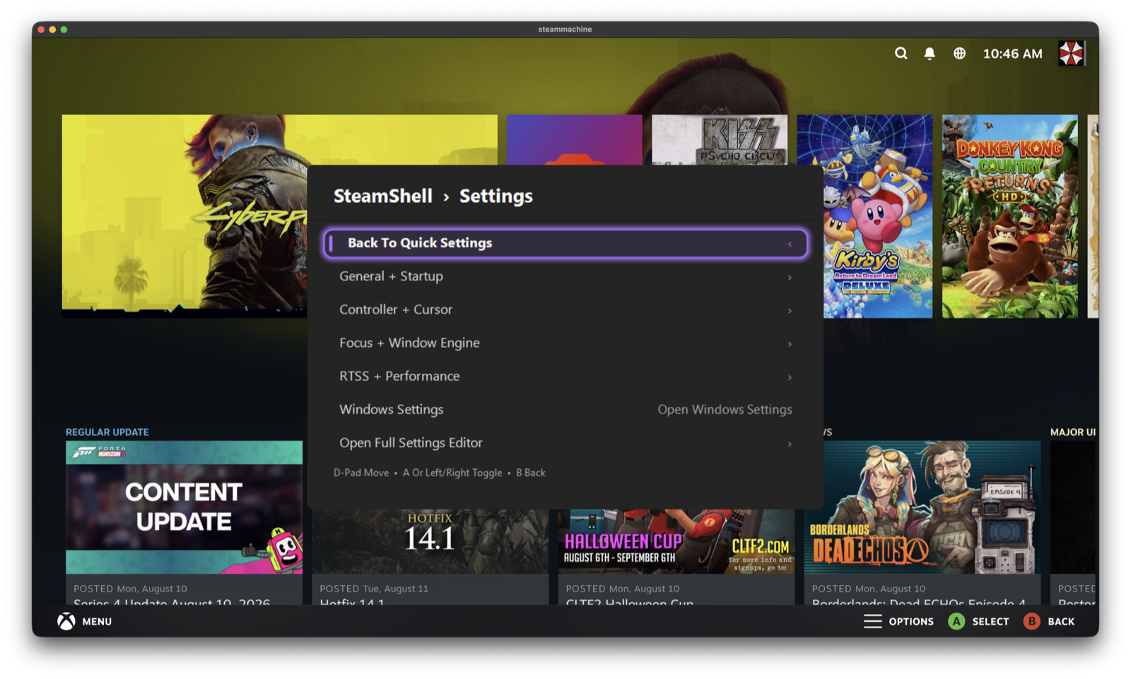 Quick Menu Settings submenu listing General and Startup, Controller and Cursor, Focus and Window Engine, RTSS and Performance, Windows Settings, and Open Full Settings Editor