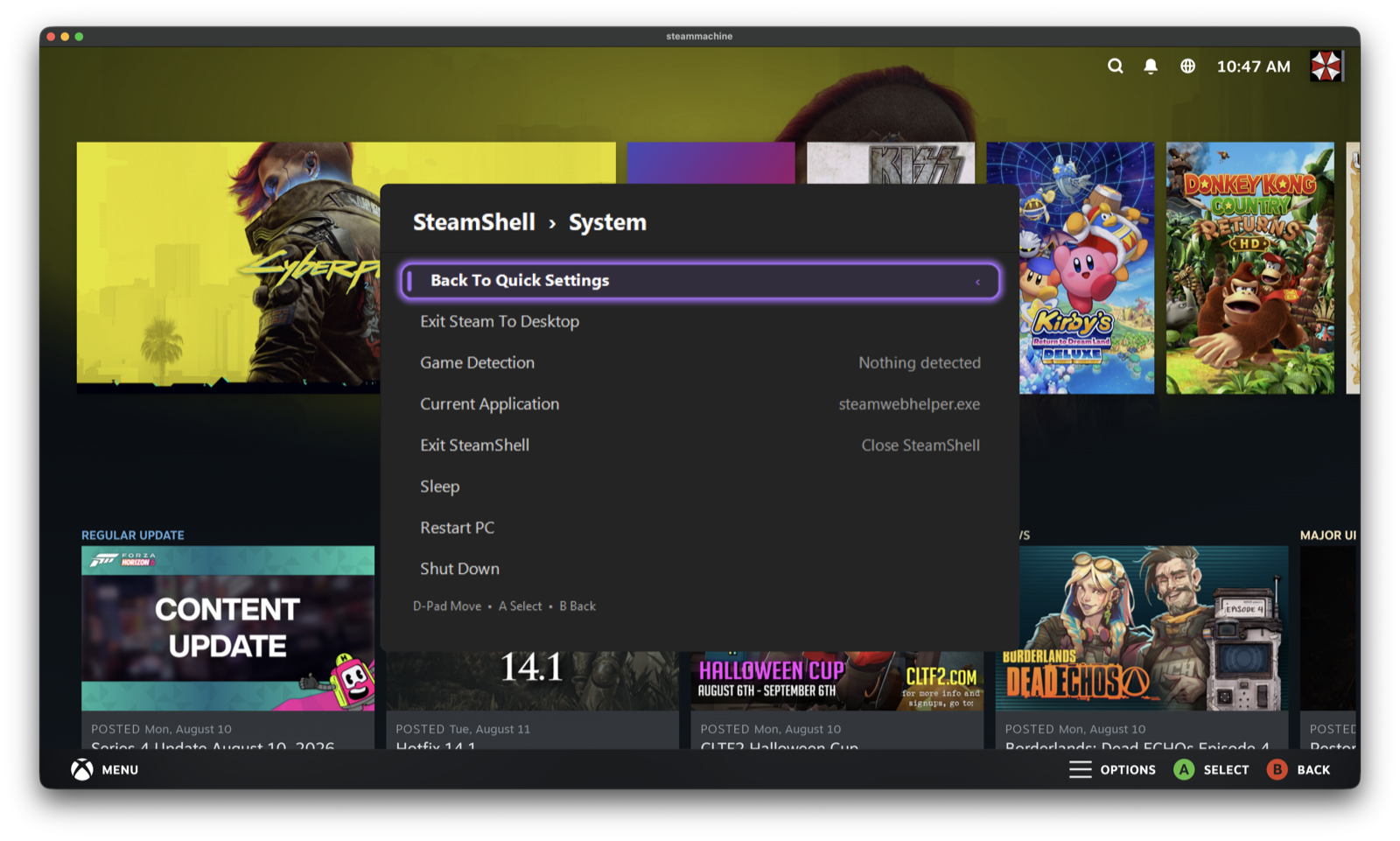 Quick Menu System page showing Exit Steam To Desktop, Game Detection, Current Application, Exit SteamShell, Sleep, Restart PC and Shut Down