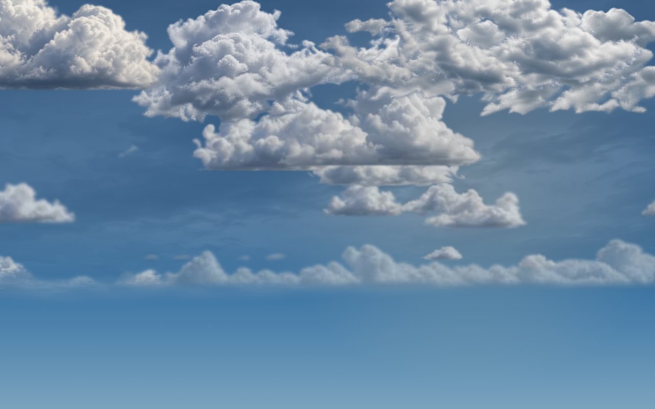 Realistic clouds, mostly cloudy: big cumulus and broken sheets