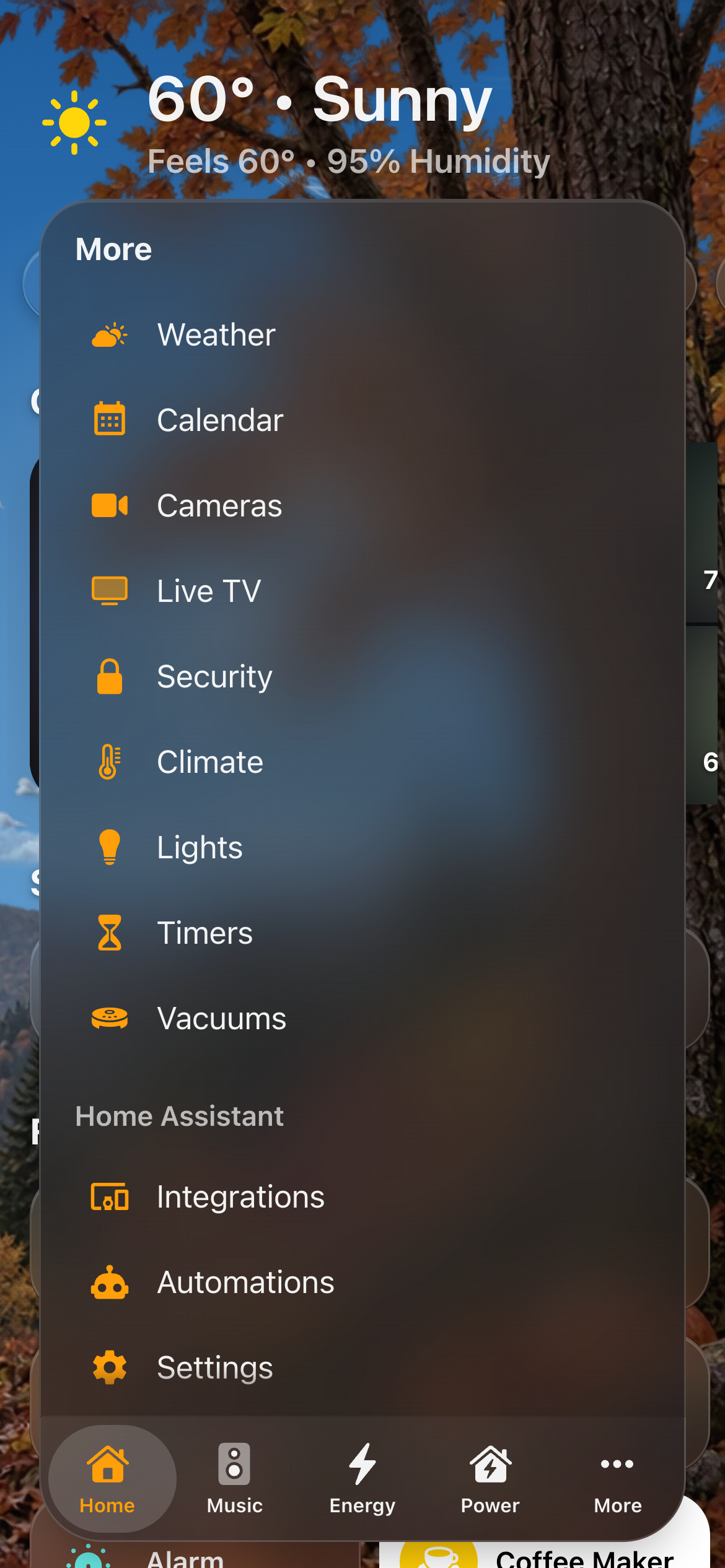 The tab bar's More sheet on a phone, as a list: the other pages, then Home Assistant and the rooms