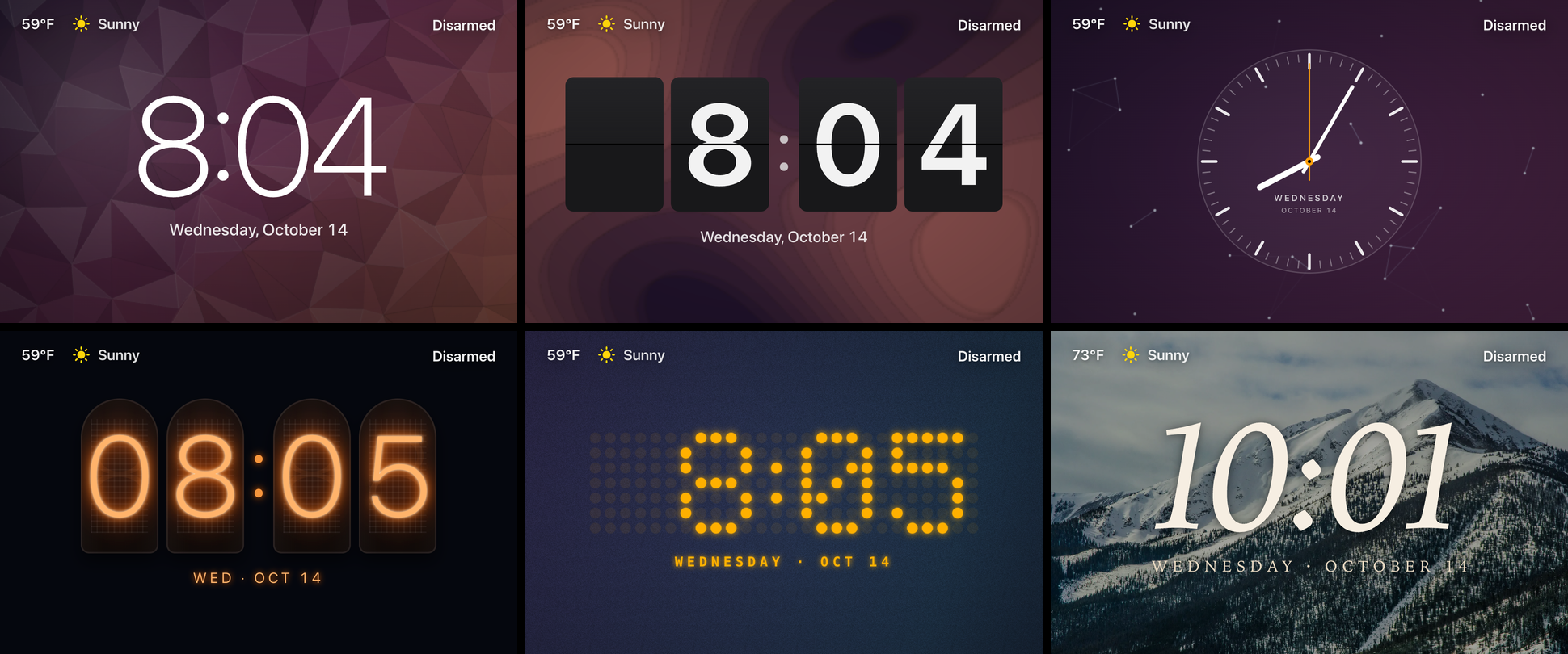 Six of the screensaver's clock styles: Classic, Flip, Analog, Nixie Tubes, Dot Matrix and Big Serif over the Landscapes