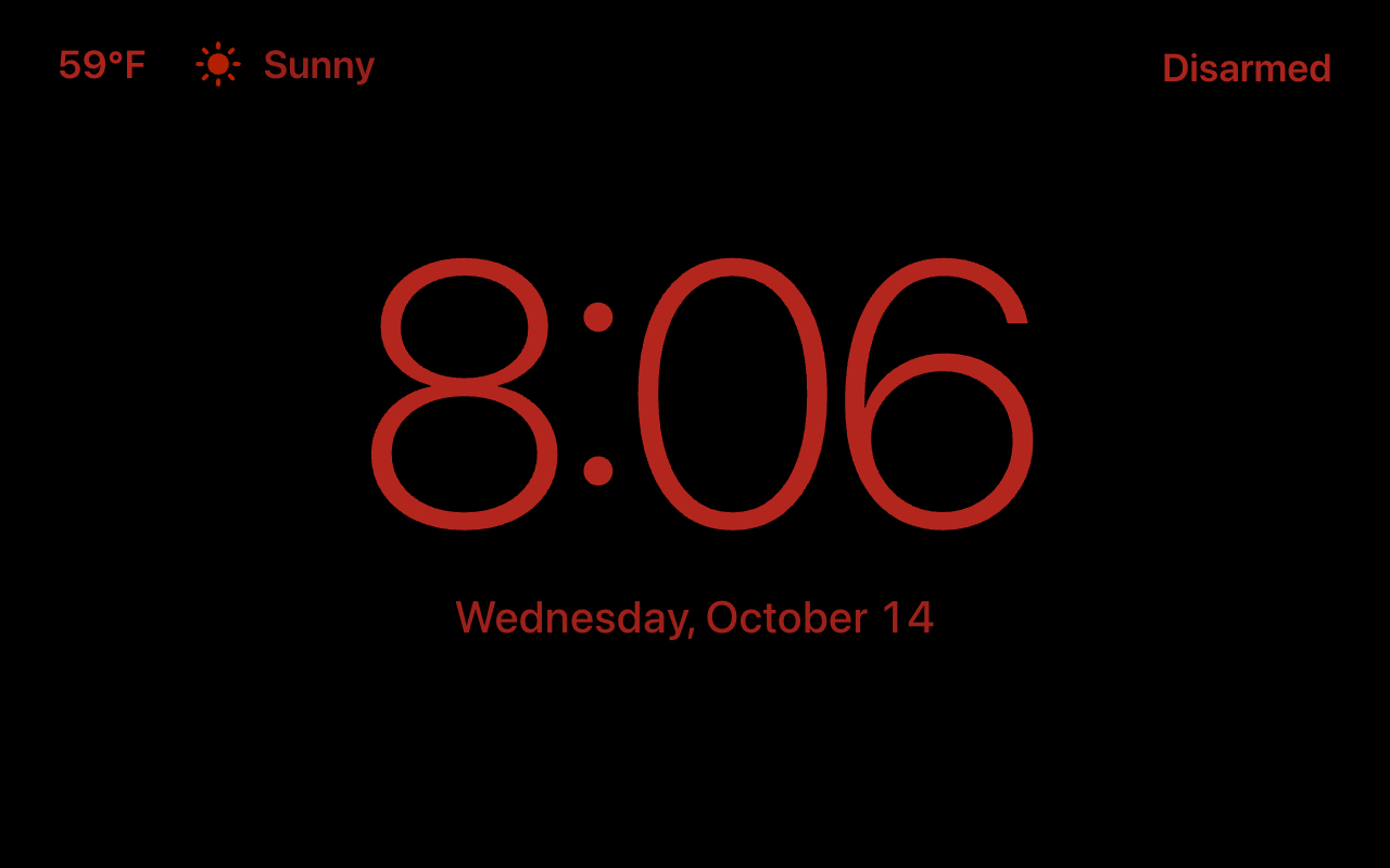 Night Mode: the clock a dim red on black