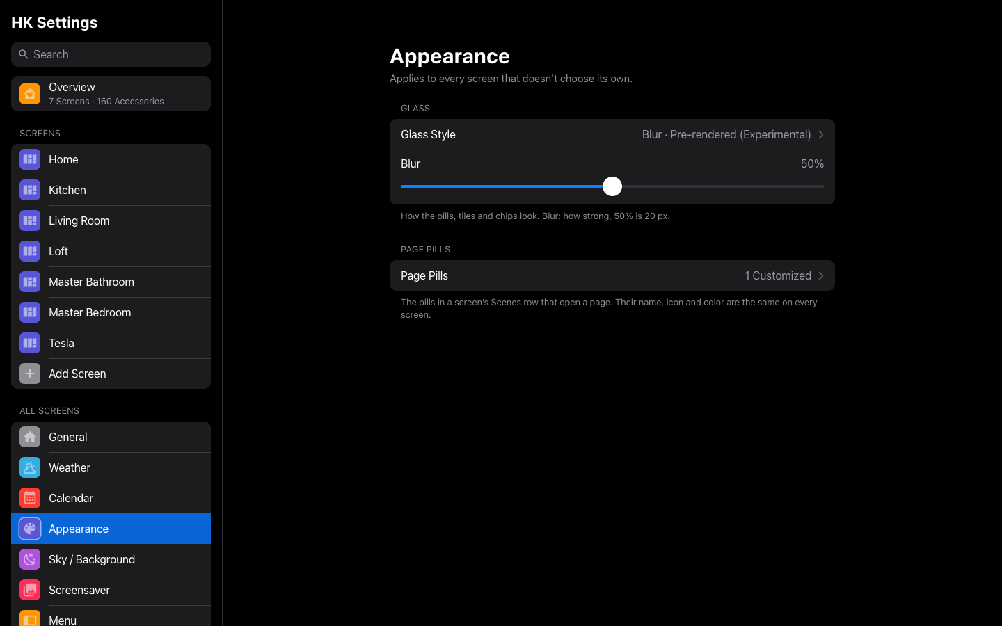 The Appearance page in HK Settings