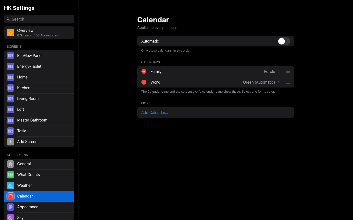 All Screens → Calendar in HK Settings