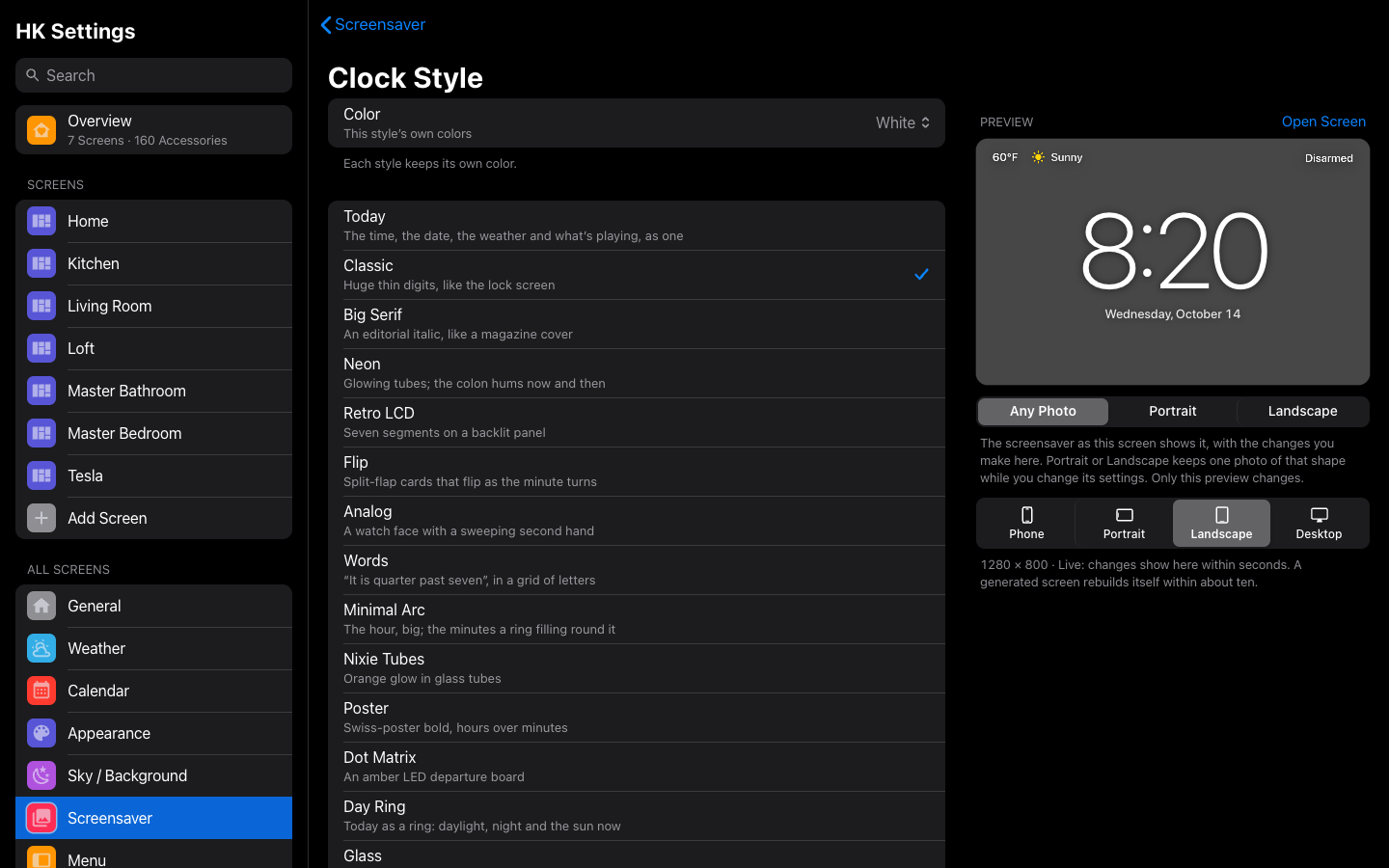 The screensaver's Clock Style
