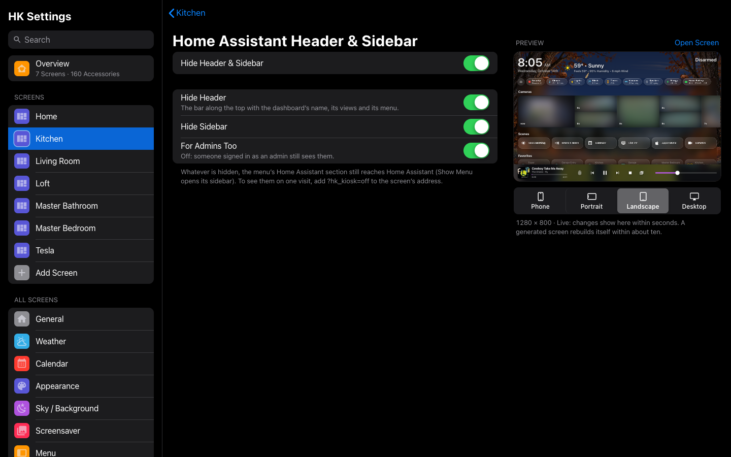 A screen's Header & Sidebar page in HK Settings