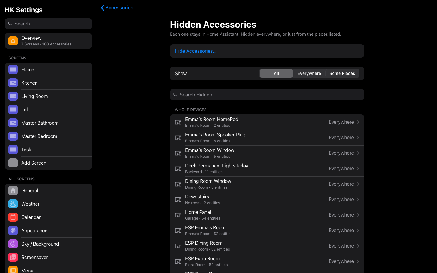 Hidden Accessories: Hide Accessories…, Show All, Everywhere or Some Places, and the whole devices hidden everywhere