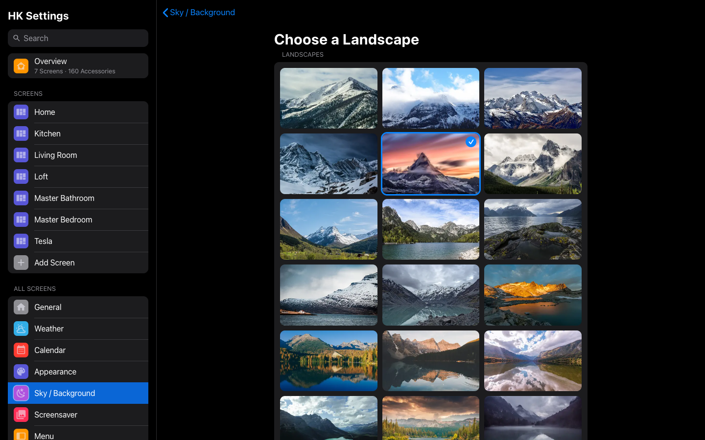Choose a Landscape: all fifty, the one in use ticked