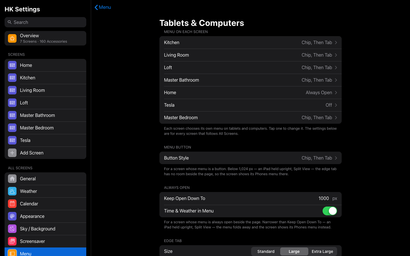 The menu on Tablets & Computers