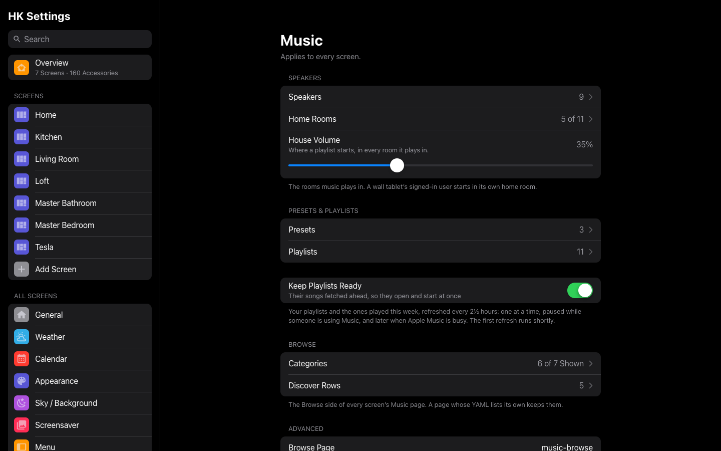 The Music settings on the HK Settings page