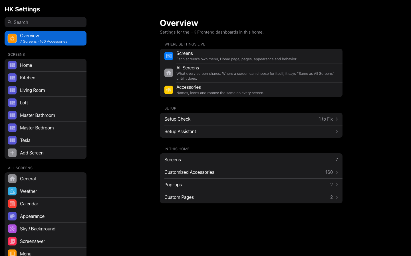 HK Settings: the list of screens and settings on the left, the Overview page on the right