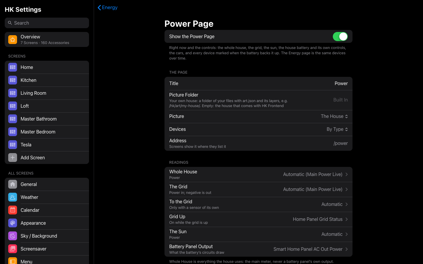 HK Settings → Energy → Power Page