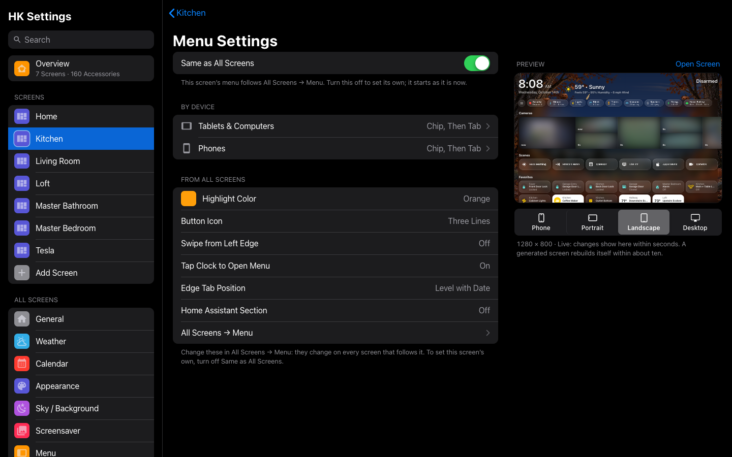 A screen’s Menu Settings, following All Screens