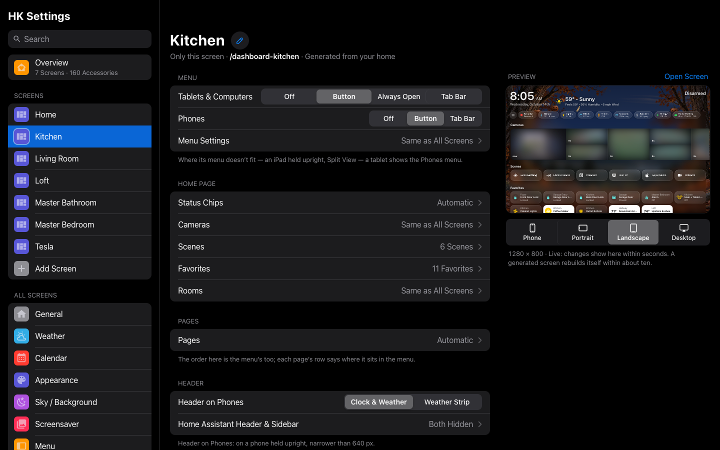 The Screens list in HK Settings