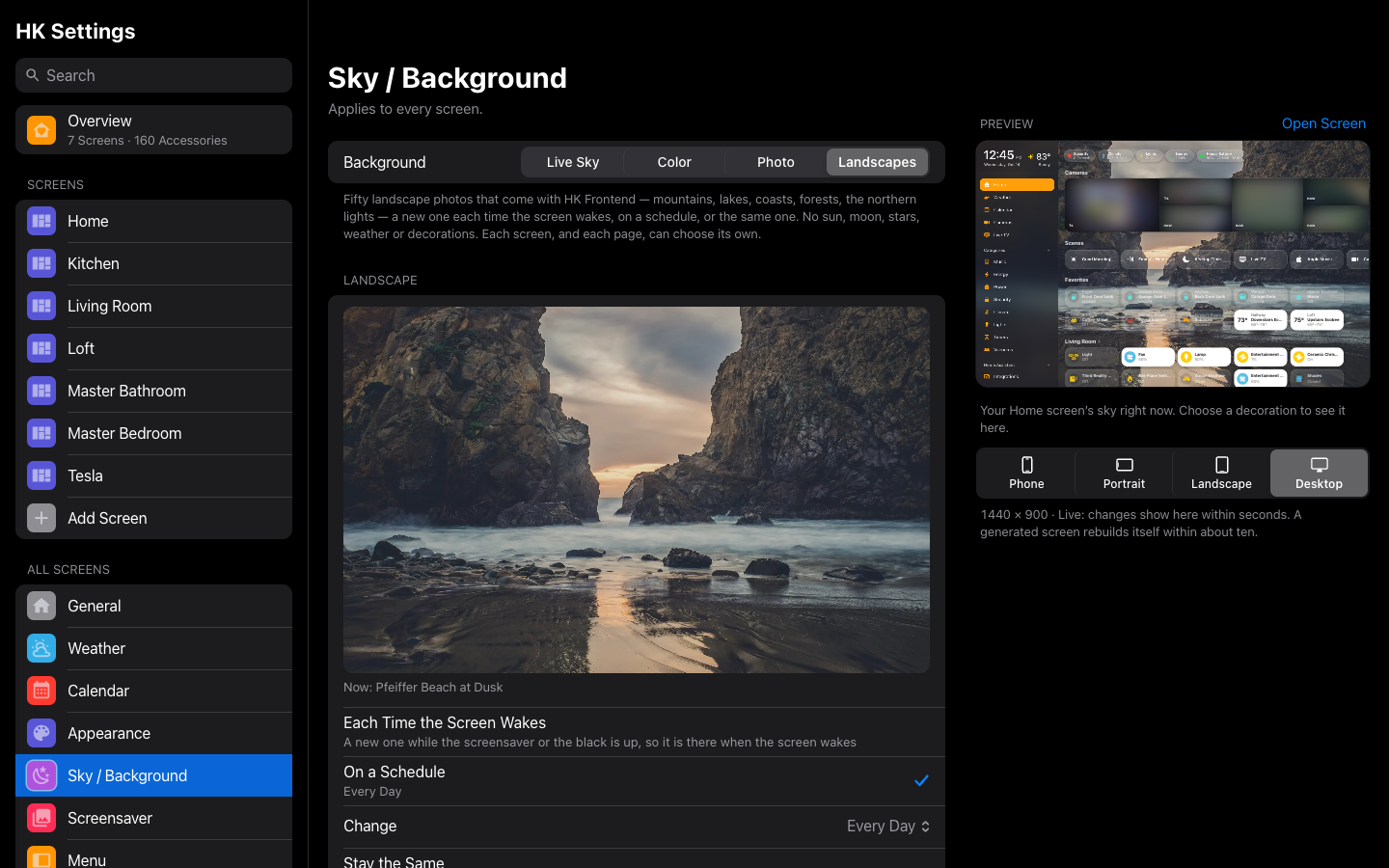 Sky / Background on Landscapes: the one showing now, and when it changes