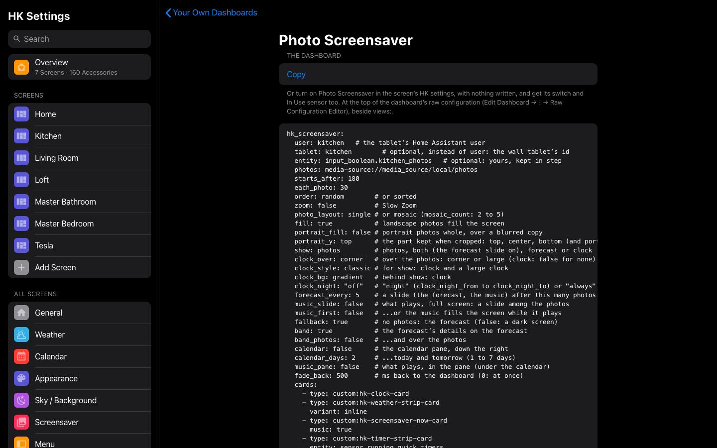 A snippet in HK Settings, with Copy