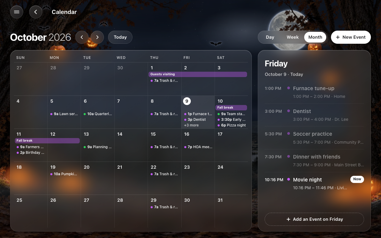 The Calendar page: the month, and the chosen day’s events beside it