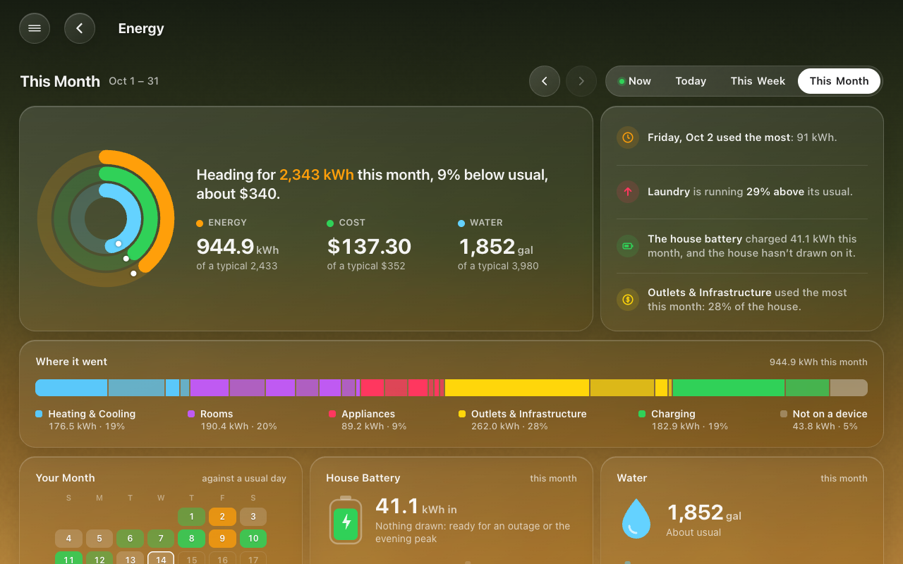 The Energy page on This Month, with Your Month as a calendar