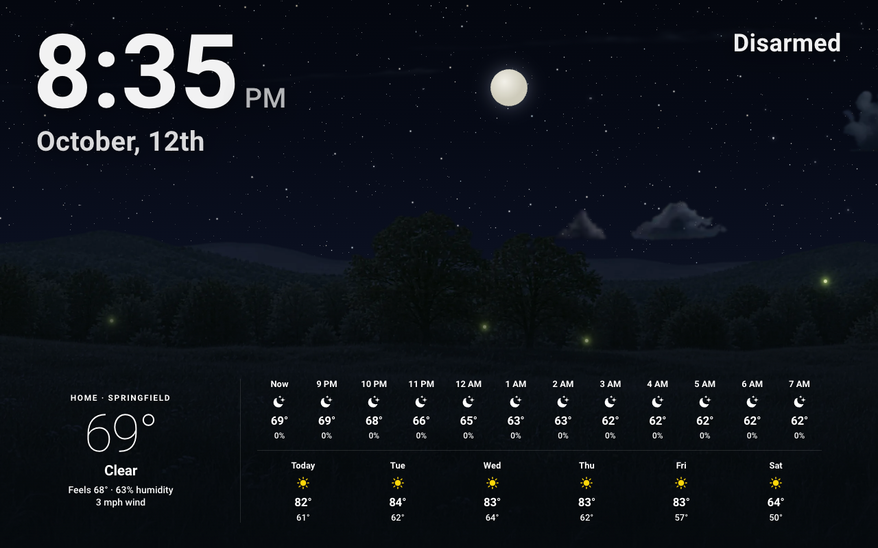 The forecast screensaver on a clear summer night: fireflies over the meadow and a shooting star