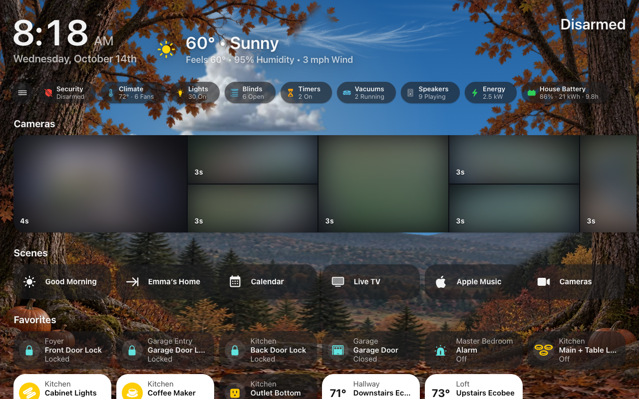 The Home screen on a wall tablet in the Tinted look
