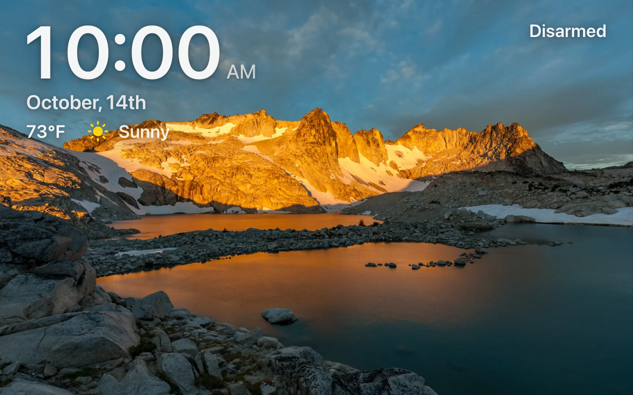 The photo screensaver, with the clock, weather and Home Status over the photo