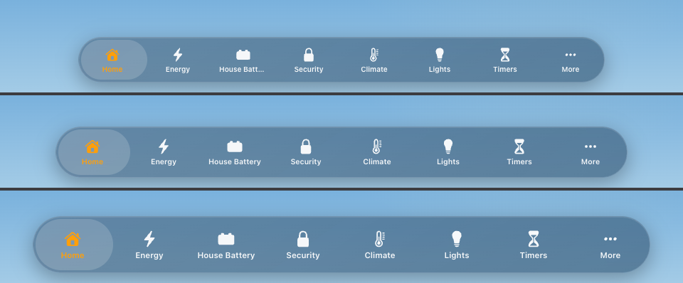 The tab bar on a tablet at each size: Small, Medium and Large, top to bottom