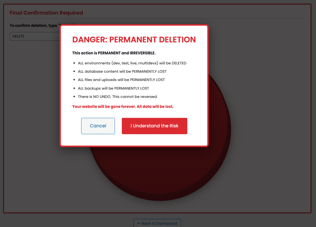 Delete site page - danger warnings and confirmation input