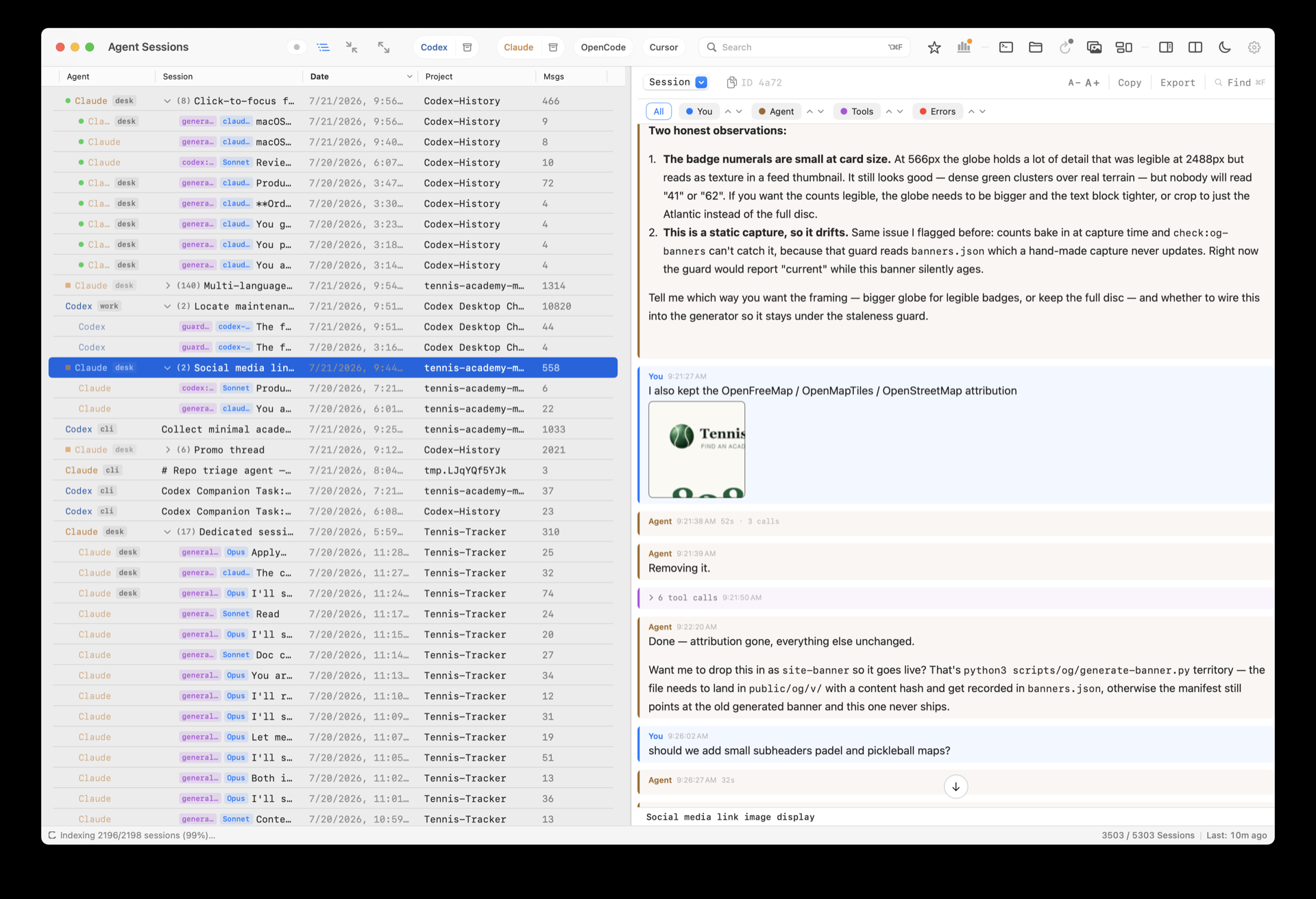 Main Sessions window with local agent history and transcript preview