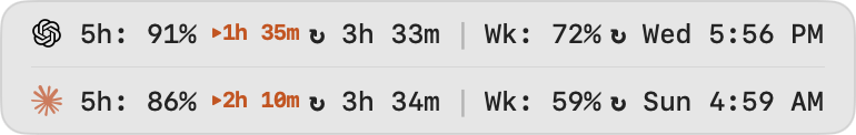 Small Limits Widget showing Codex and Claude 5h usage predictions