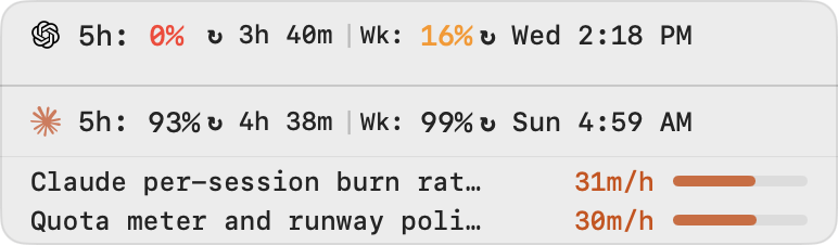 Quota Meter showing Codex and Claude 5h/weekly limits with Session Runway per-session burn-rate bars