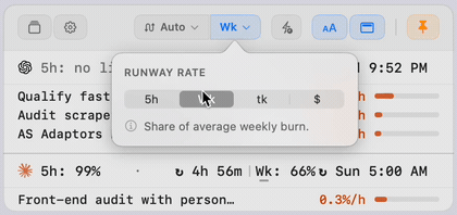 Quota Meter Session Runway switching its rate unit from percent of quota per hour to tokens per hour to estimated API-equivalent cost per hour