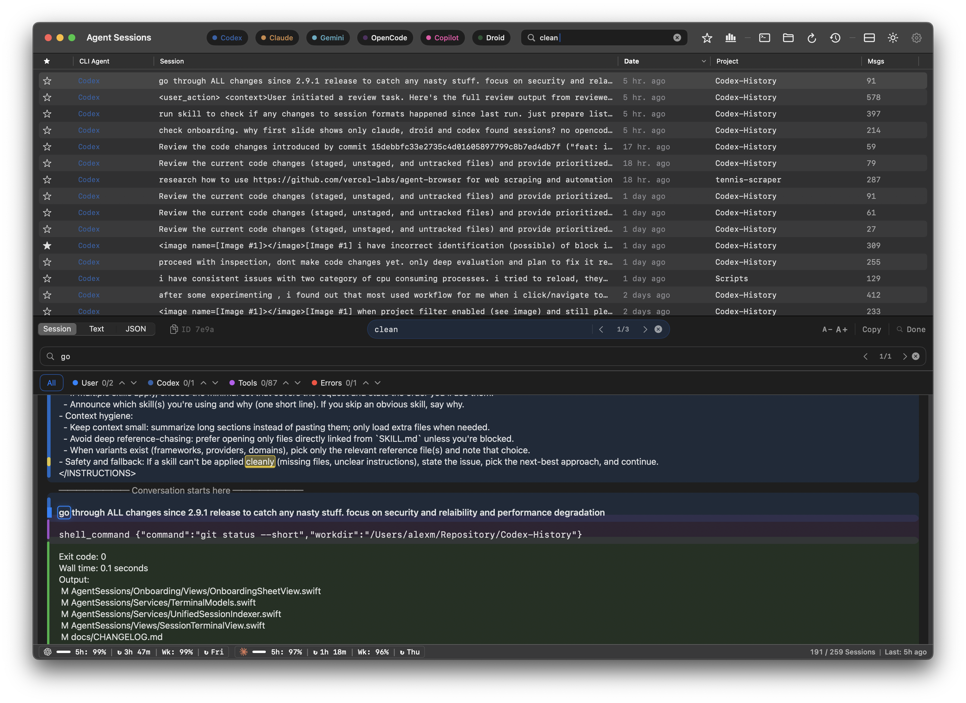 Transcript view with search (Dark Mode)