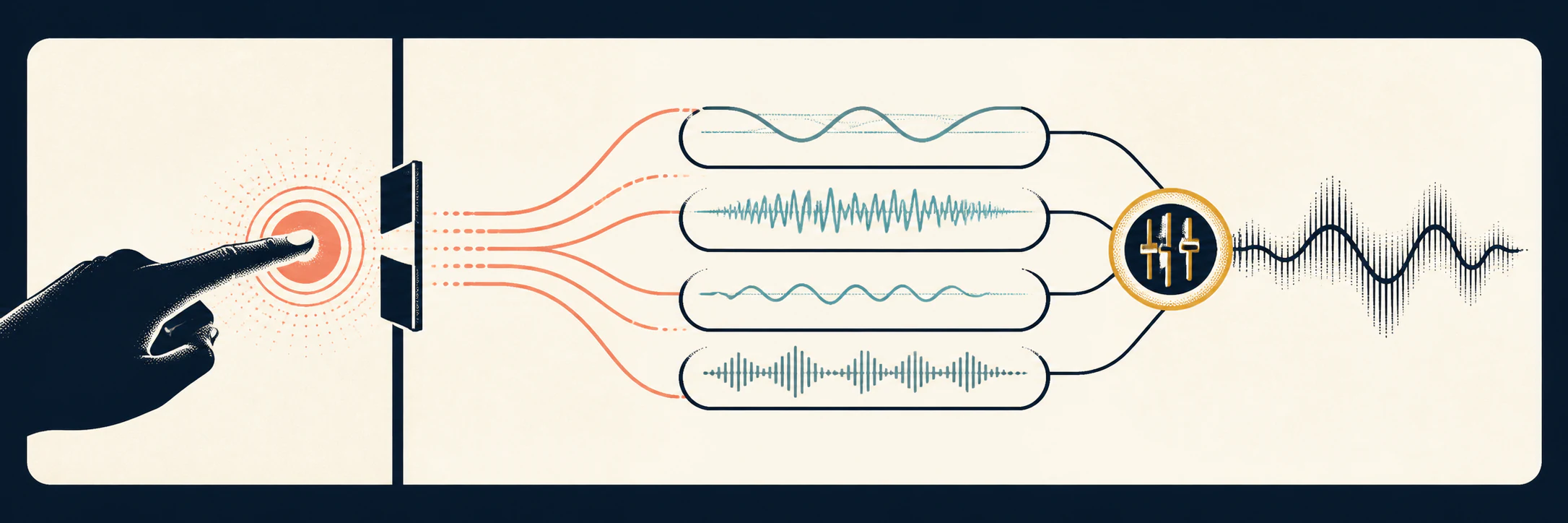 A fingertip unlocks four audio lanes that converge through a limiter into one waveform.