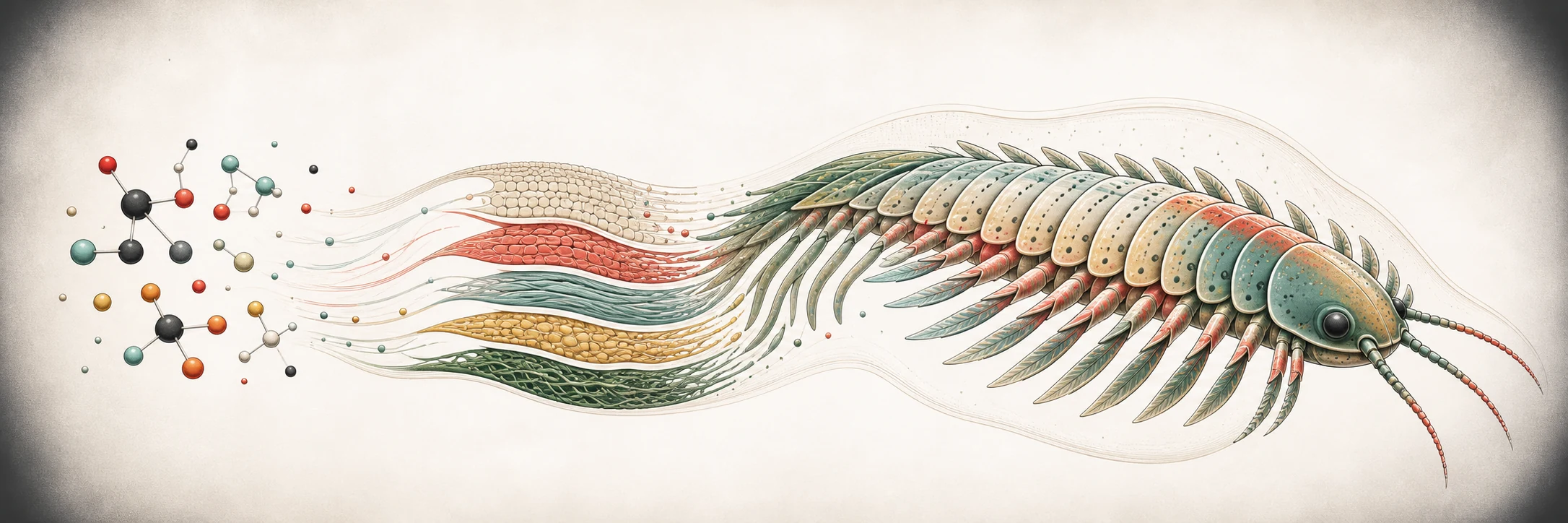 Elemental chemistry flowing through tissue into a segmented procedural organism